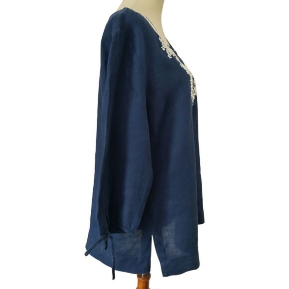JM Collection Linen Shirt Sz 8 Top Tunic Navy Blue Embroidered Beaded Blouse. - Picture 5 of 16